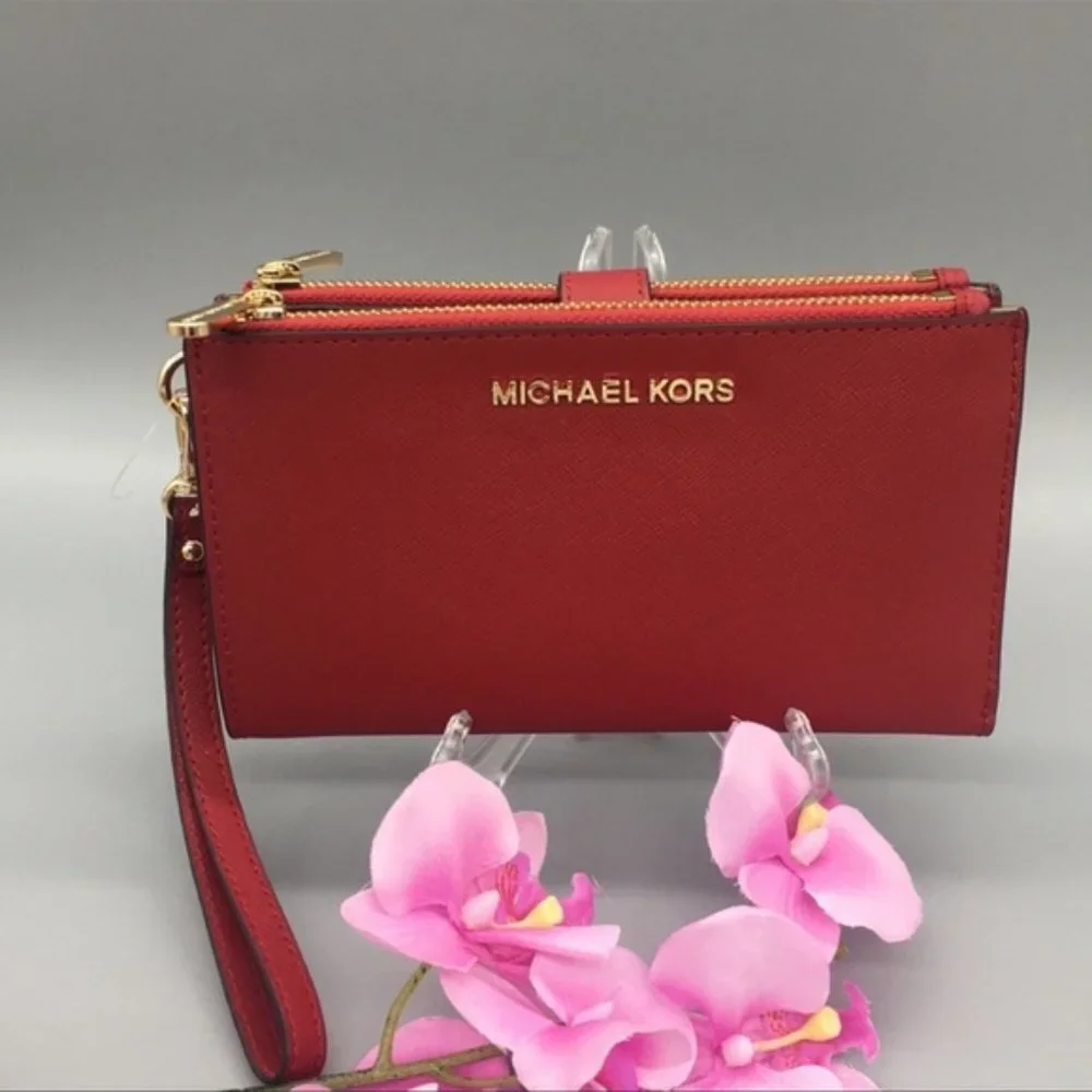 Michael Kors Large Double Zip Wristlet Leather Flame Color